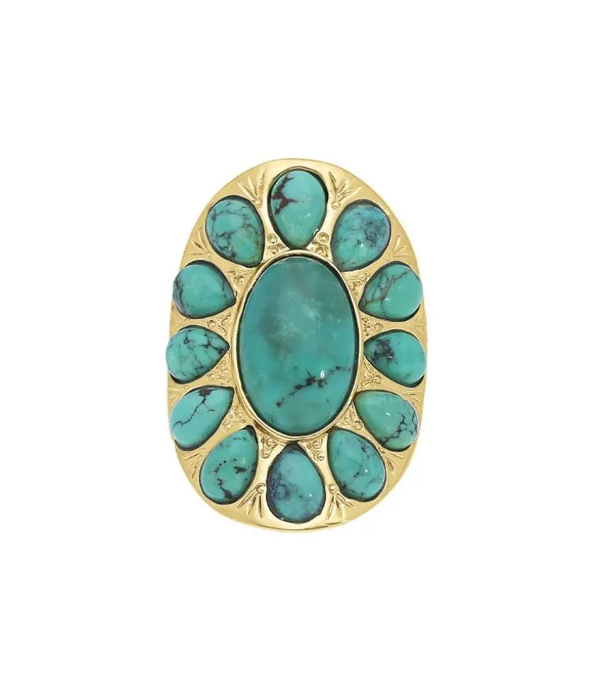 Bague Navajo Plaque Or Et Turquoise