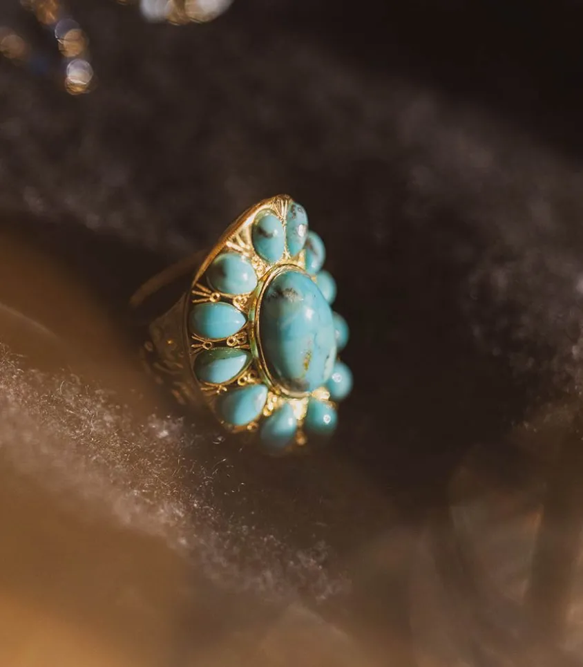 Bague Navajo Plaque Or Et Turquoise