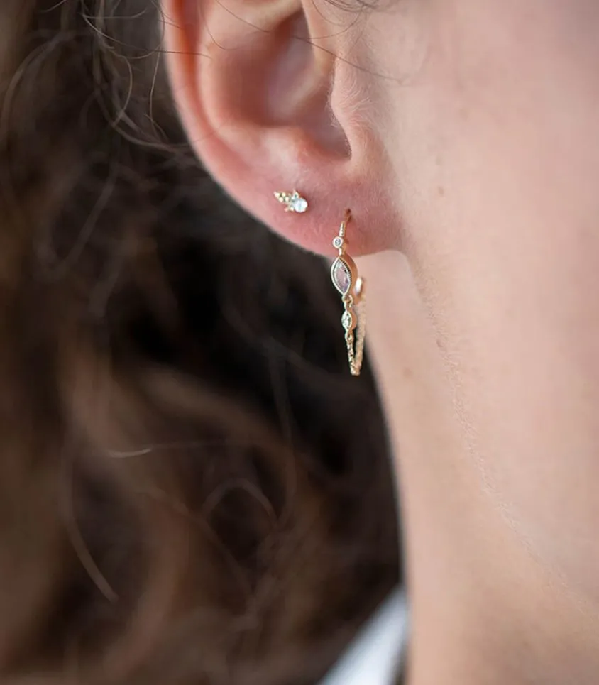 Boucle D'Oreille Creole Unique En Pierre De Lune Et Oeil De Diamant