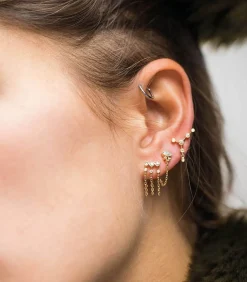 Boucle D'Oreille Unique Chaine Constellations Triple Diamants