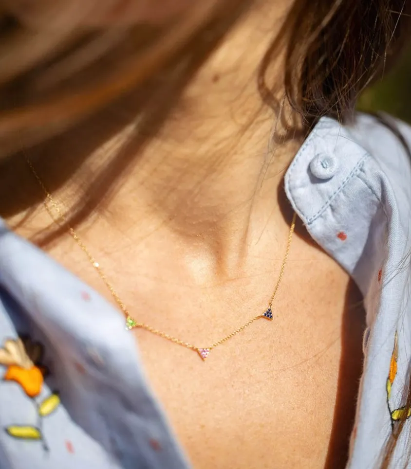 Collier Choker Triangles Saphir Rose, Saphir Bleu Et Tsavorite