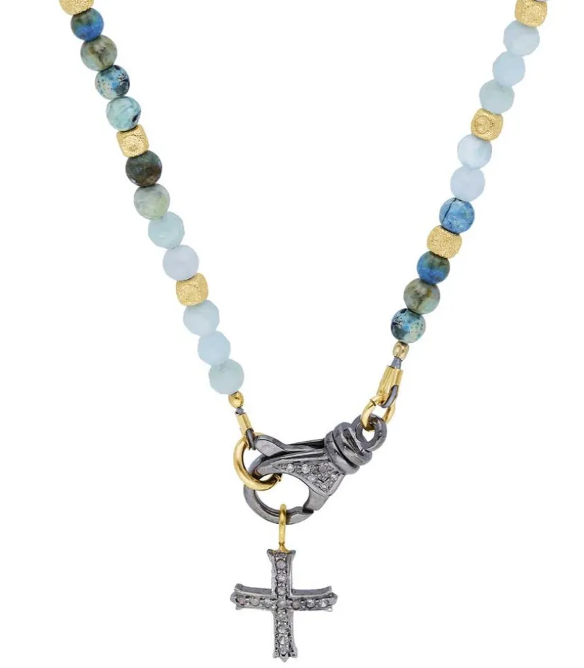 Collier Le Ferret Croix En Lapis Lazuli, Agate Et Or