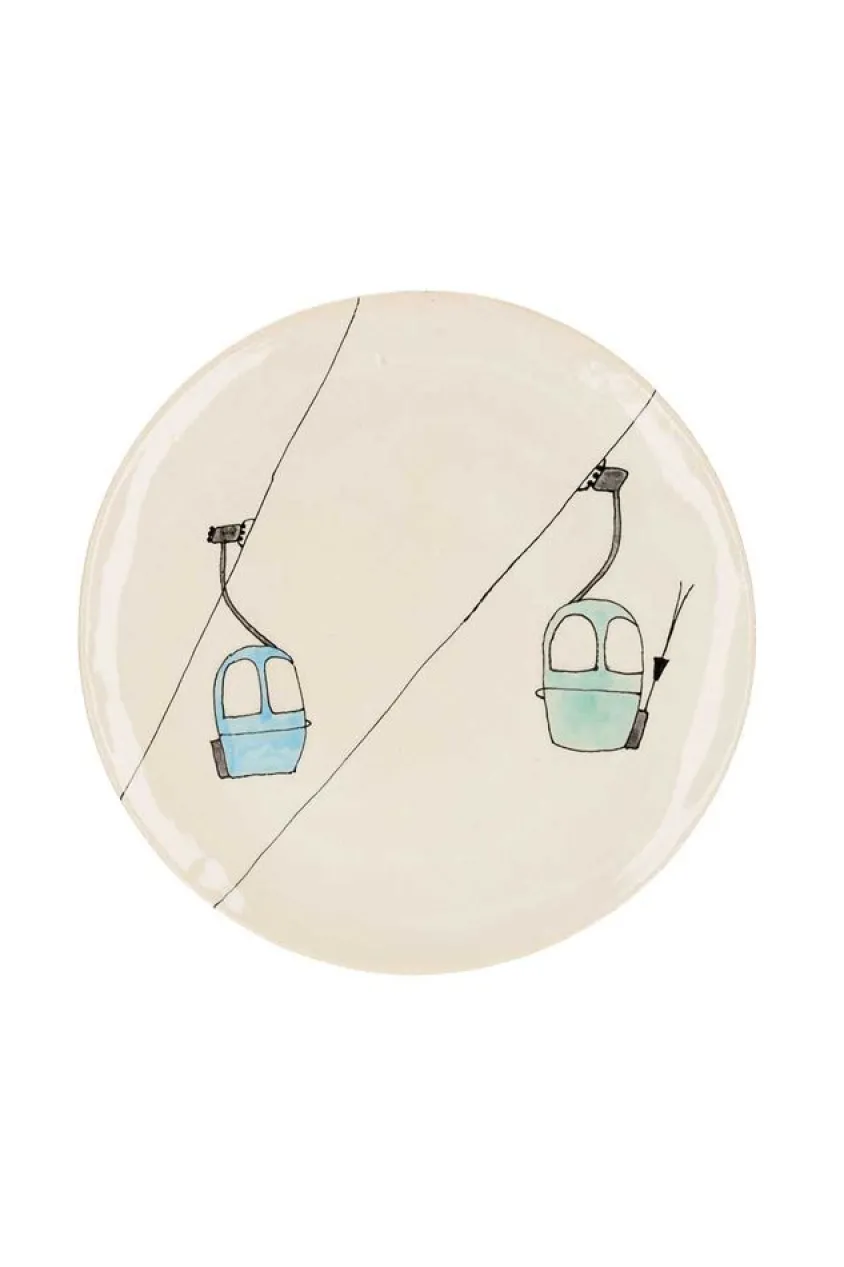 Grande Assiette En Ceramique "Telecabines Vertes Et Bleues"