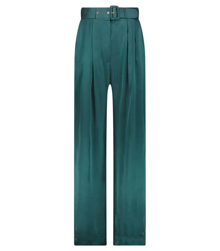 Pantalon Ample Tuck En Satin De Soie Jade