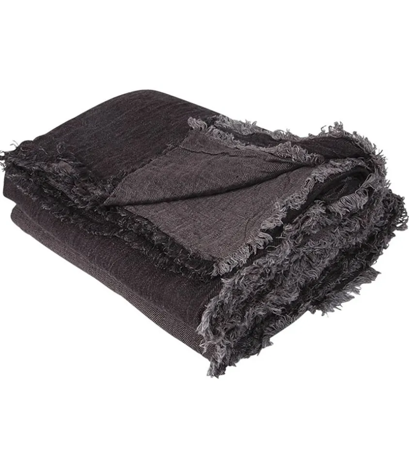 Plaid En Lin Vice Versa Frange Charbon/Anthracite 140 X 250 Cm