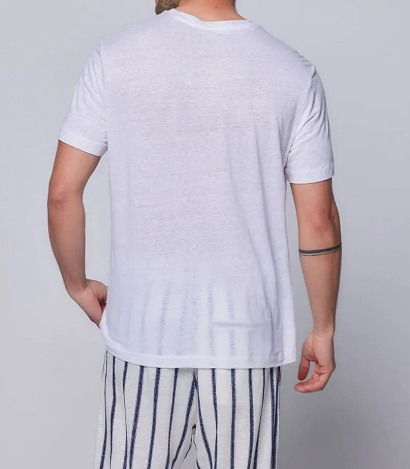 Tee-Shirt Homme Col V Manches Courtes Lin Blanc