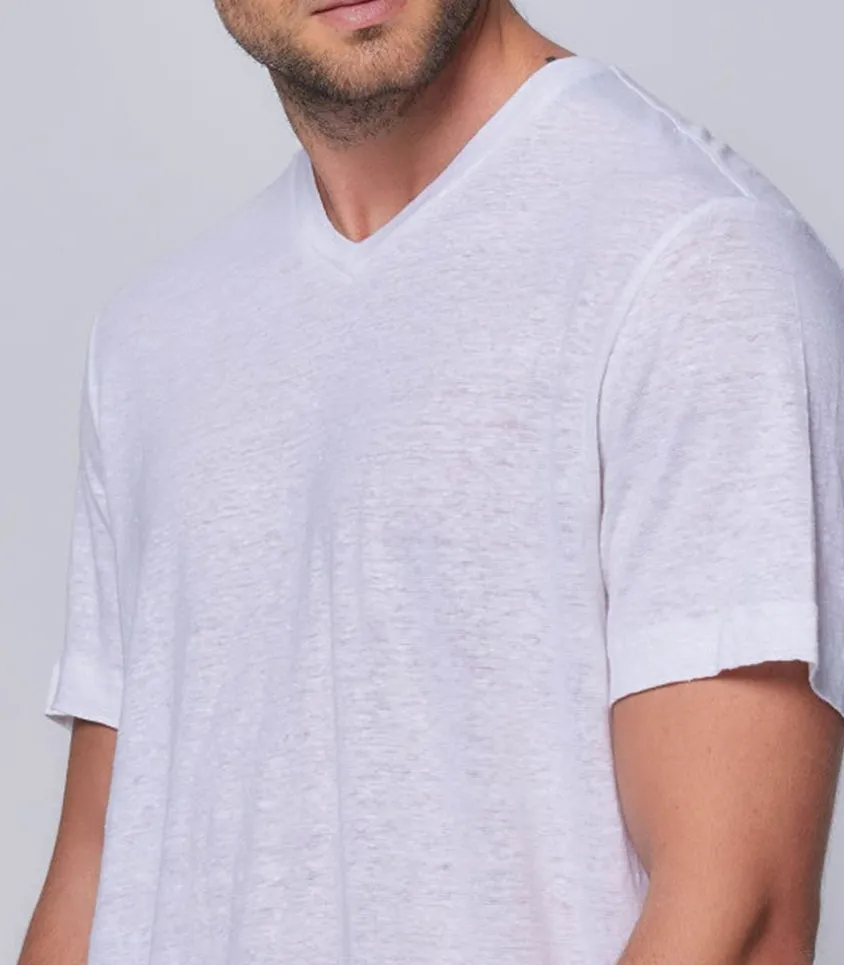 Tee-Shirt Homme Col V Manches Courtes Lin Blanc